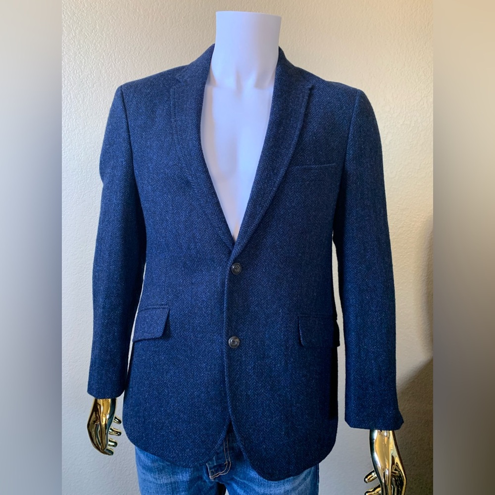 M&S Collection Tweed Blazer Mens 40 in chest BLUE Herringbone Wool Moon Fabric